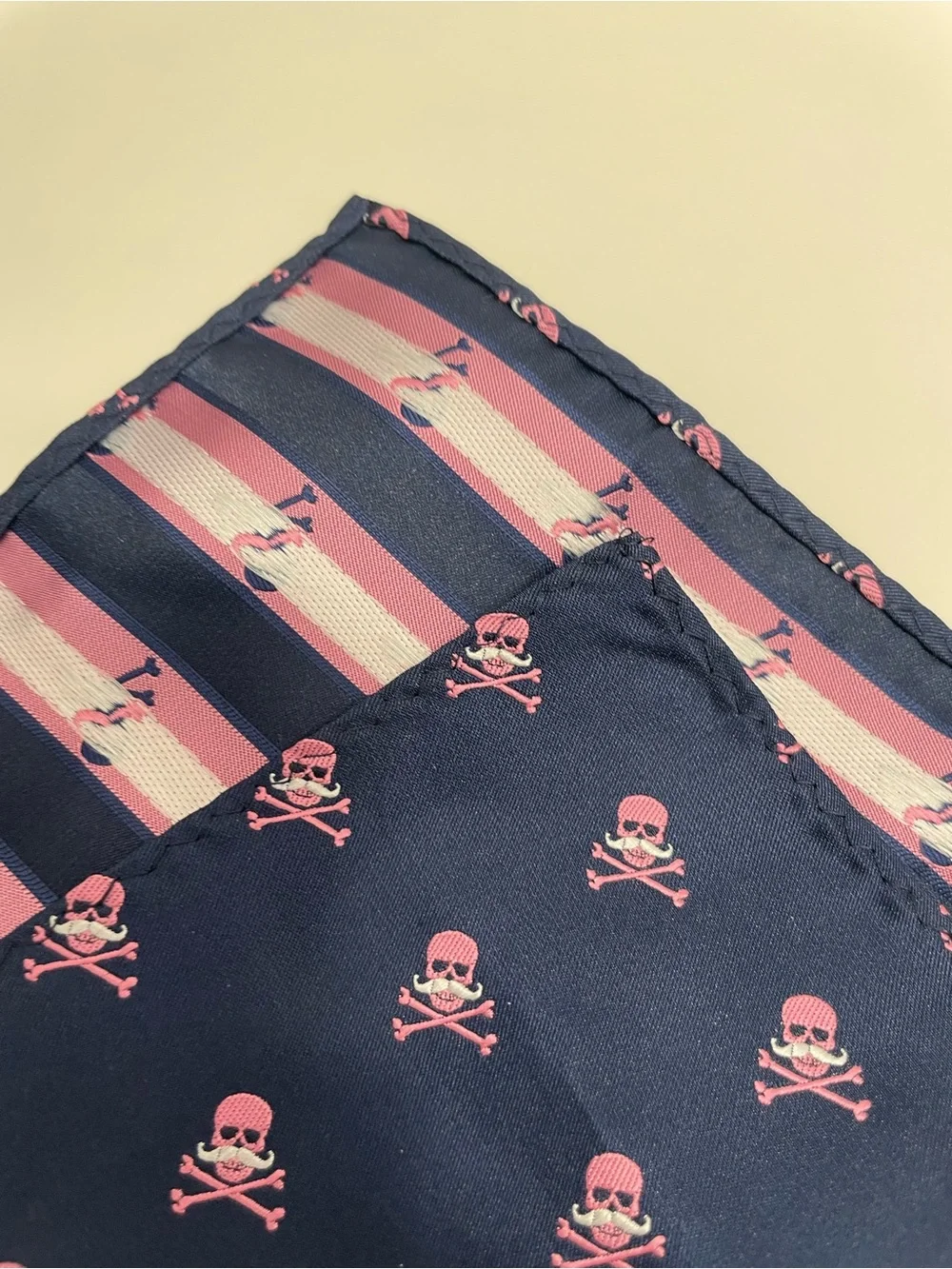 Men's Navy Tie and Pocket Square Set with Pink Skull with Mustache Pattern
